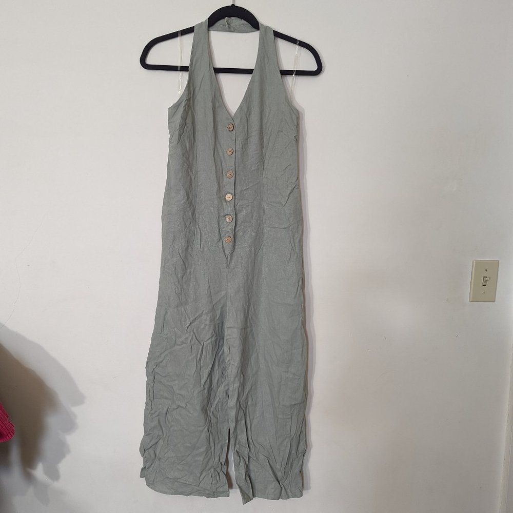 Gentle Sage Green Linen Halter Jumpsuit - size 5 / small